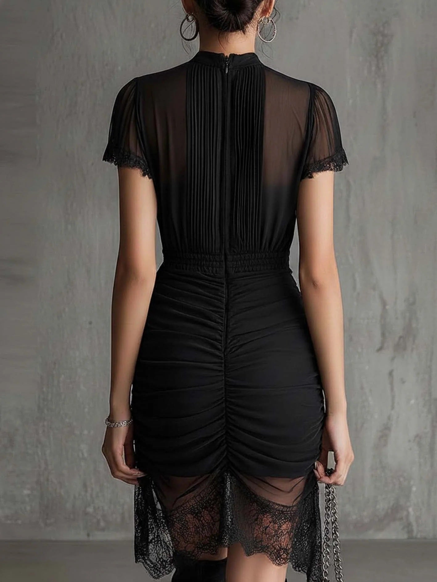 New European black see through lace patchwork dress, slim and tall, slit skirt with lace 
