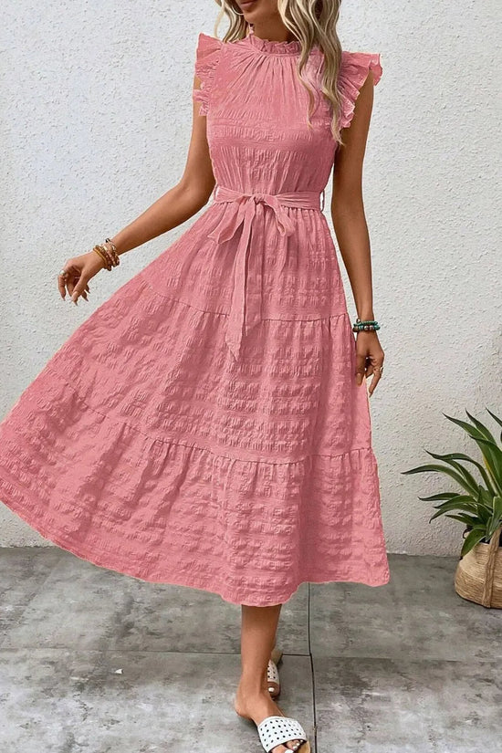 Tied Ruffled Cap Sleeve Midi Dress 