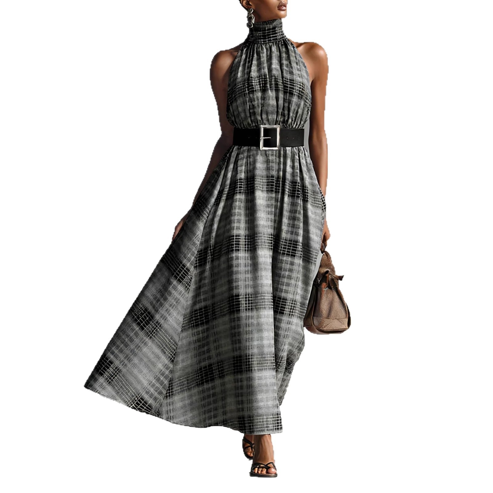 Sleeveless plaid high waisted lace up A-line long skirt 