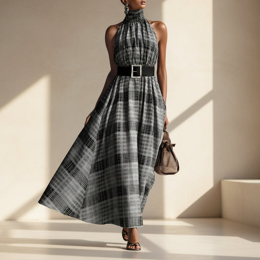 Sleeveless plaid high waisted lace up A-line long skirt 