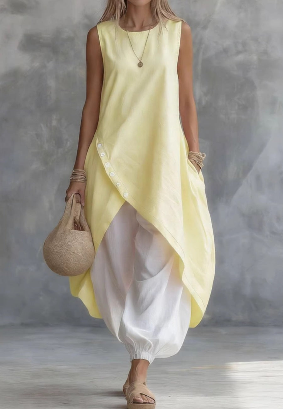 Solid Color Sleeveless Loose Pocketed Mid-Length Dress Set 
