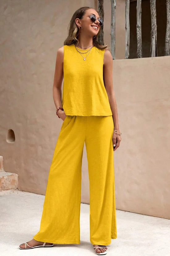 Round Neck Sleeveless Top and Wide Leg Pants Set 