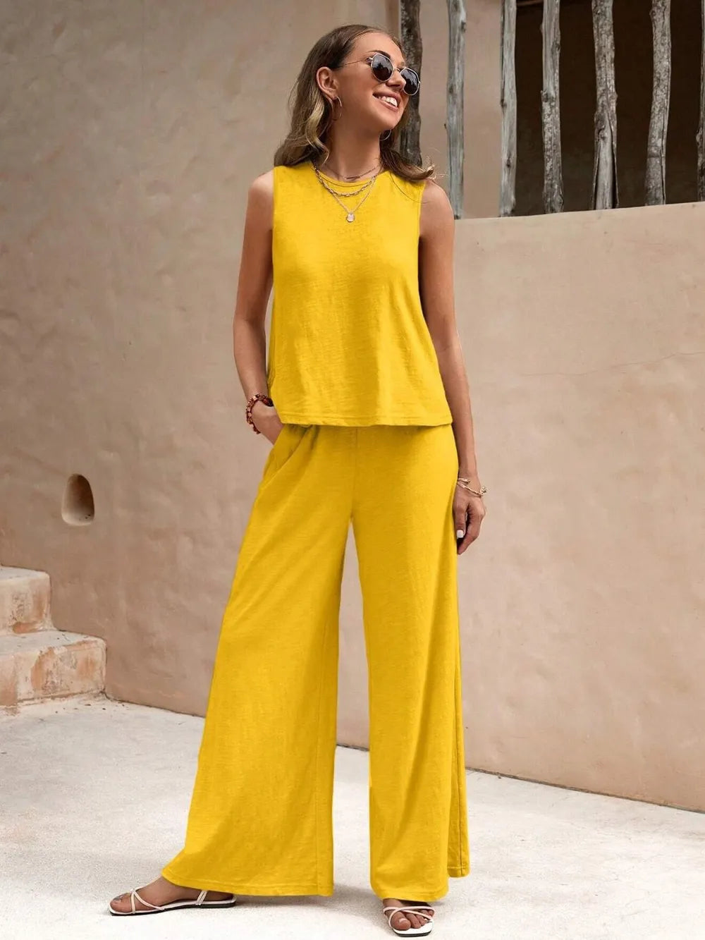 Round Neck Sleeveless Top and Wide Leg Pants Set 
