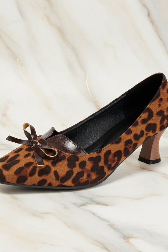 Leopard print square toe high-heeled women's retro shallow bow single shoes Made to order, ships in 7 days 
