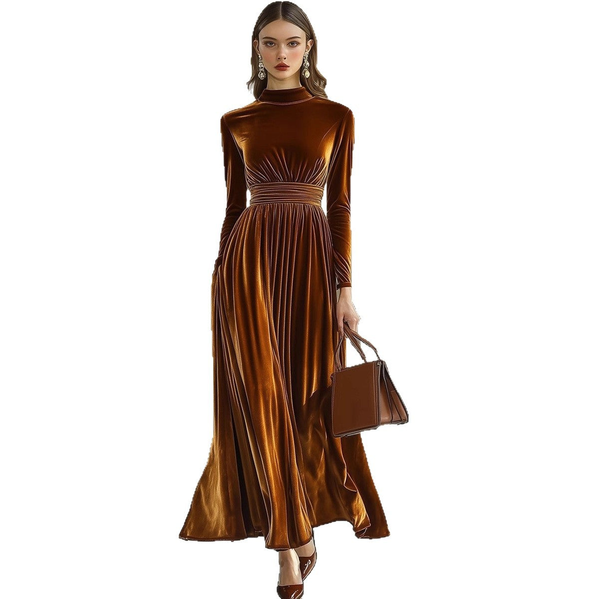 Women's New Autumn/Winter Velvet Long Sleeve Dress, Waist-Cinching Slimming Elegant Maxi Skirt, Graceful Style 