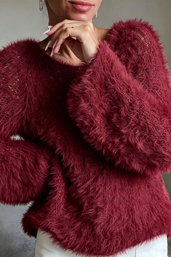Women's macaron round neck fluffy solid color long sleeved fur top 