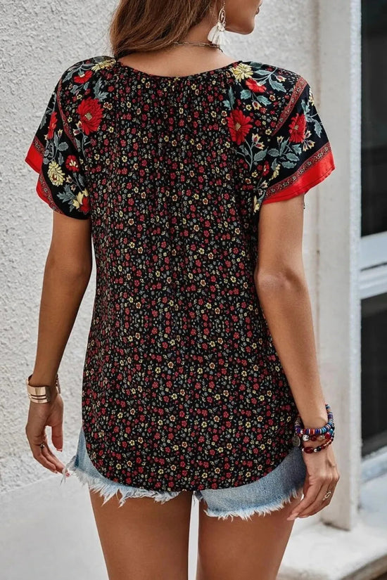 Printed Tie Neck Short Sleeve Blouse 