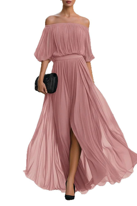 New Black Chiffon Maxi Dress with Split, One-Shoulder Design, Flowing and Draping Skirt 