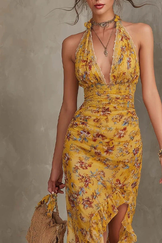 French Vintage Yellow Floral Halter Neck Dress Deep V Waist-Cinching Split Ruffle Slimming Elegant Dress 