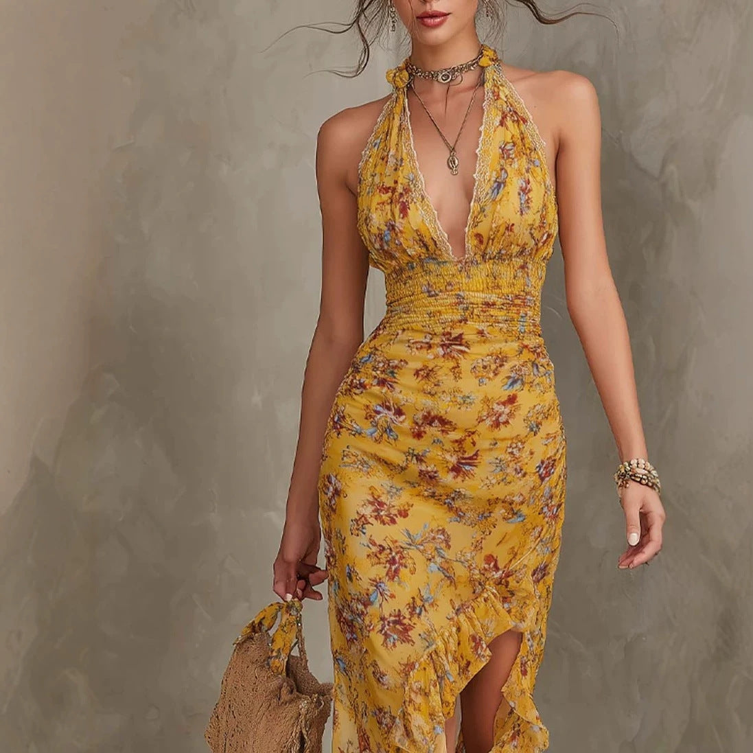 French Vintage Yellow Floral Halter Neck Dress Deep V Waist-Cinching Split Ruffle Slimming Elegant Dress 