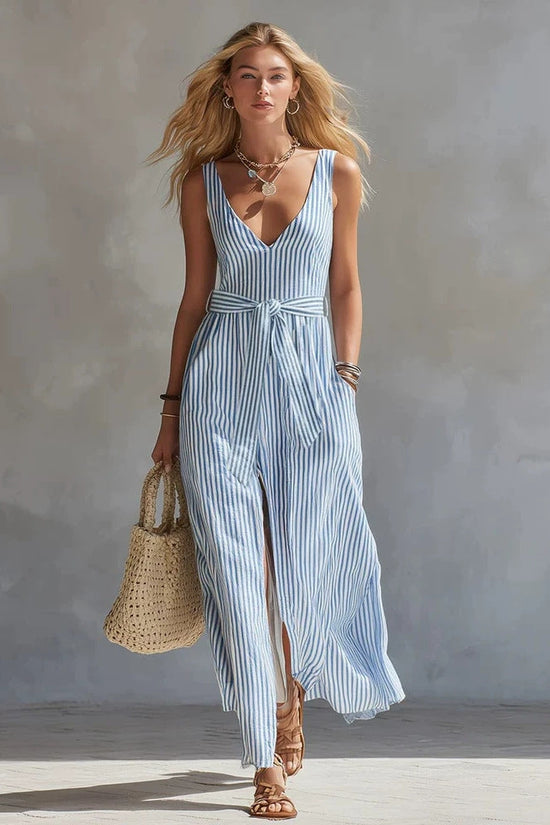 Fresh Blue and White Striped Sleeveless Long Dress with V-Neck, Waist-Tie, Side Split, Beach Dress 