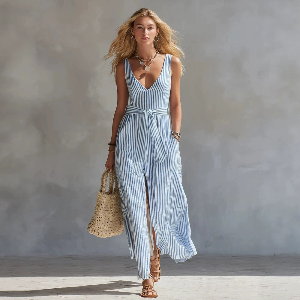 Fresh Blue and White Striped Sleeveless Long Dress with V-Neck, Waist-Tie, Side Split, Beach Dress 