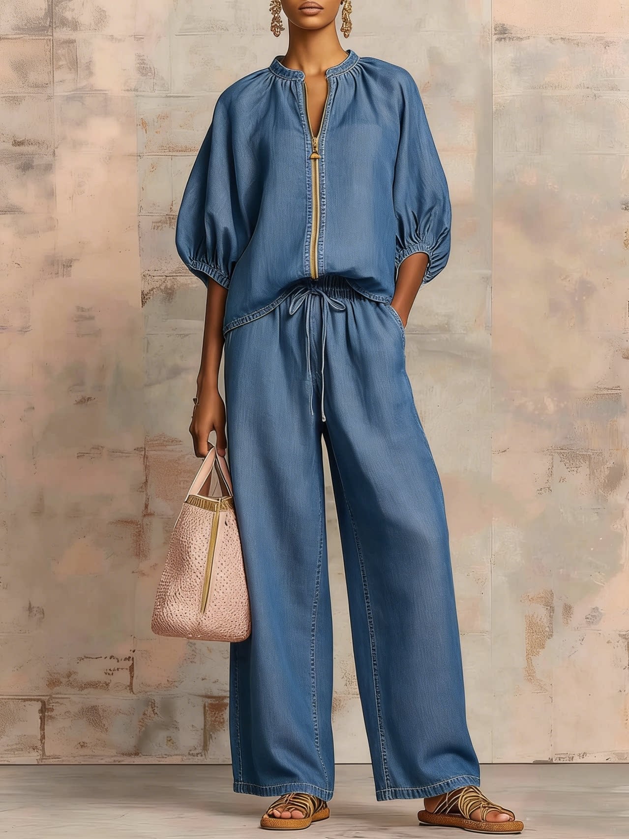 Summer Women's Casual Loose Solid Color Zipper Round Neck Wide Leg Pants Set 