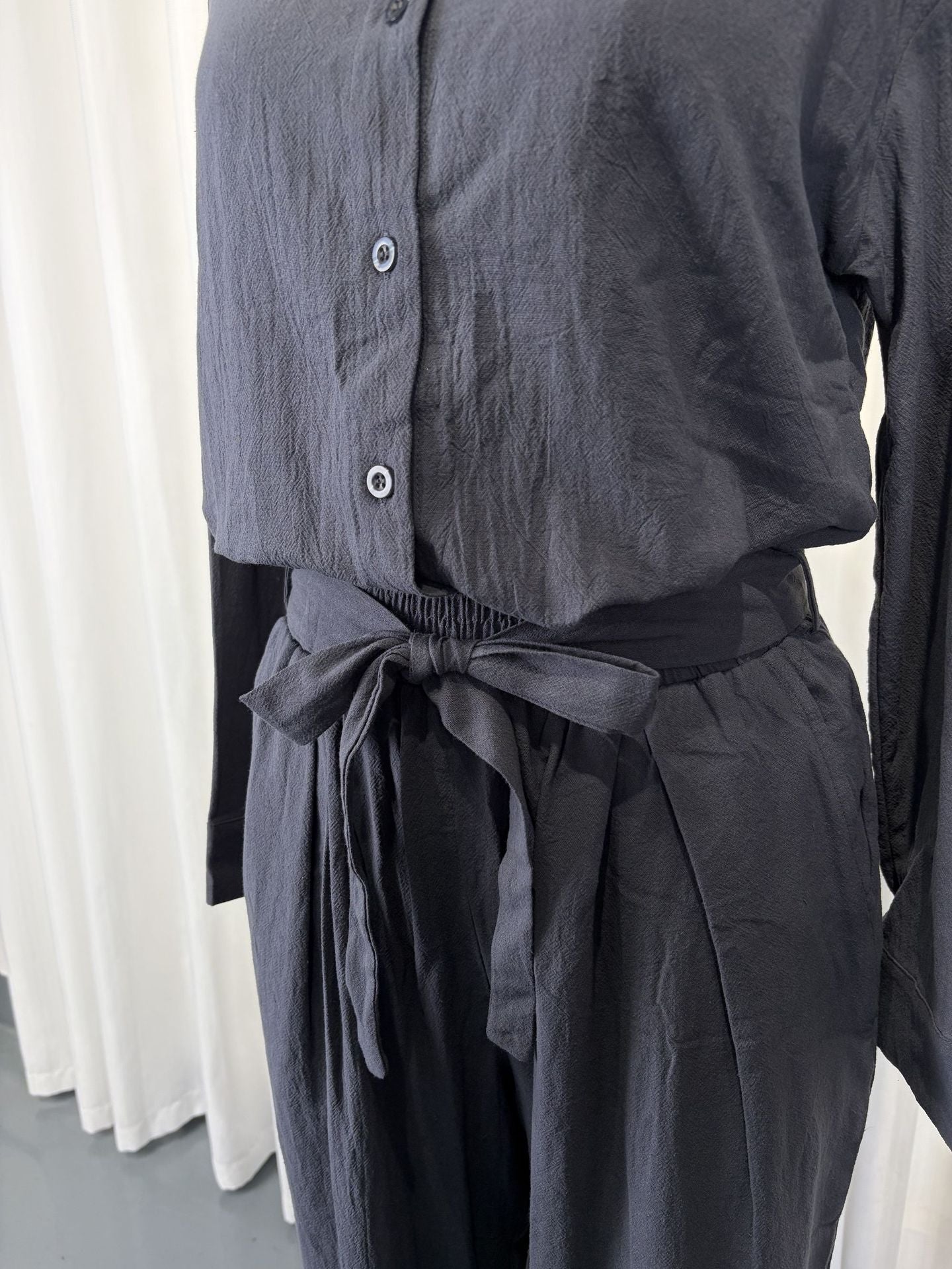 Linen-Look Shirt & Wide-Leg Trouser Set | Drawstring Waist 2-Piece | Gray 