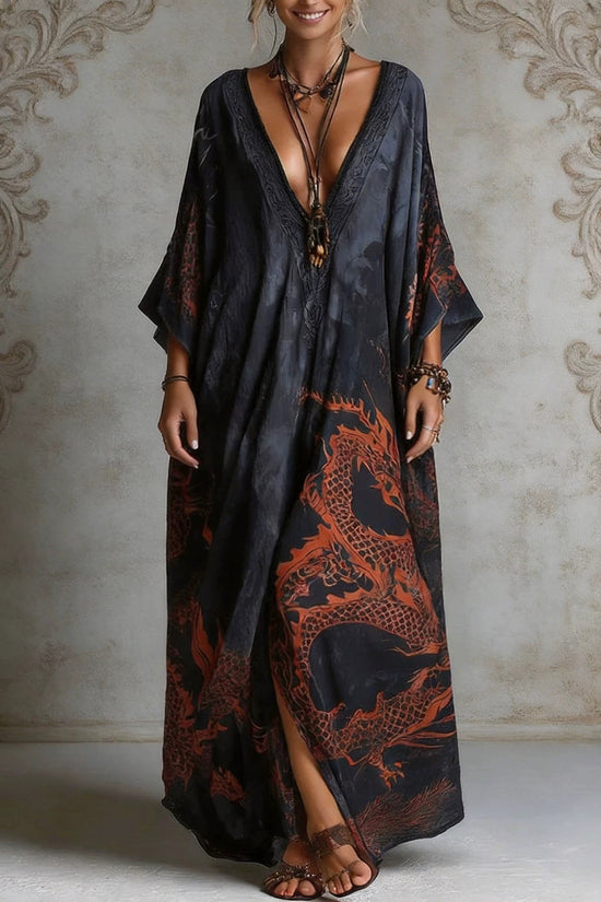 Dragon print beach vacation long dress outerwear 