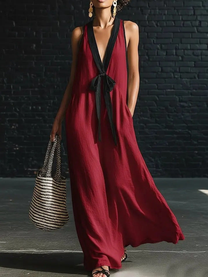 V-neck Strapless Sleeveless Resort-Style Long Simple Elegant Dress 