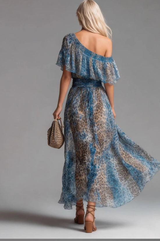 Leopard Print Chiffon Dress with Asymmetrical Shoulder, Ruffle, Waist Cinching, Vacation Long Dress 