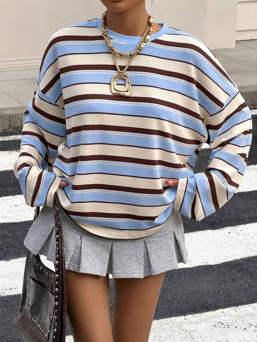 Round neck contrasting striped pullover loose hoodie 