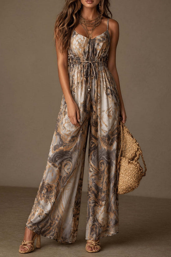 Printed camisole backless loose wide leg jumpsuit