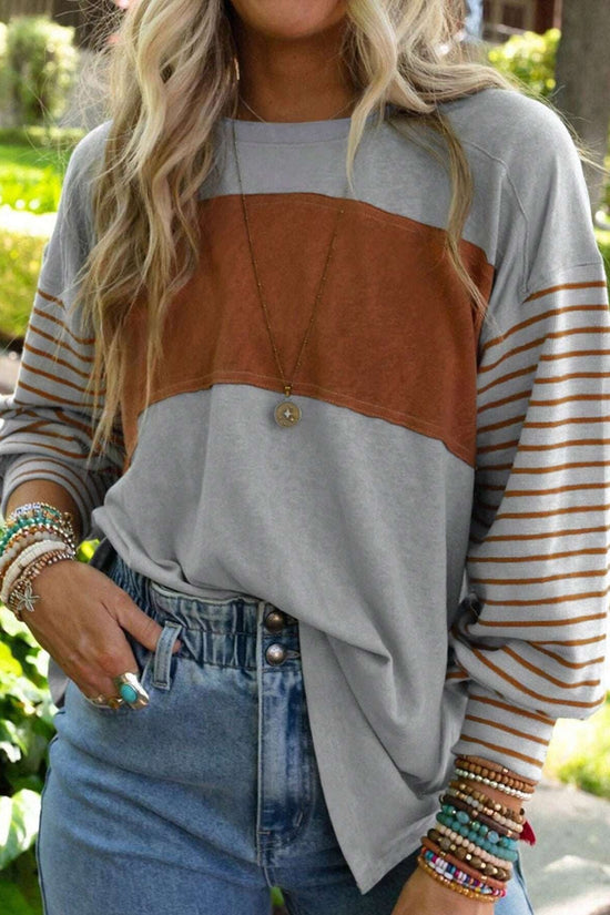 Women's casual color-blocked striped long sleeve round neck pullover t-shirt 