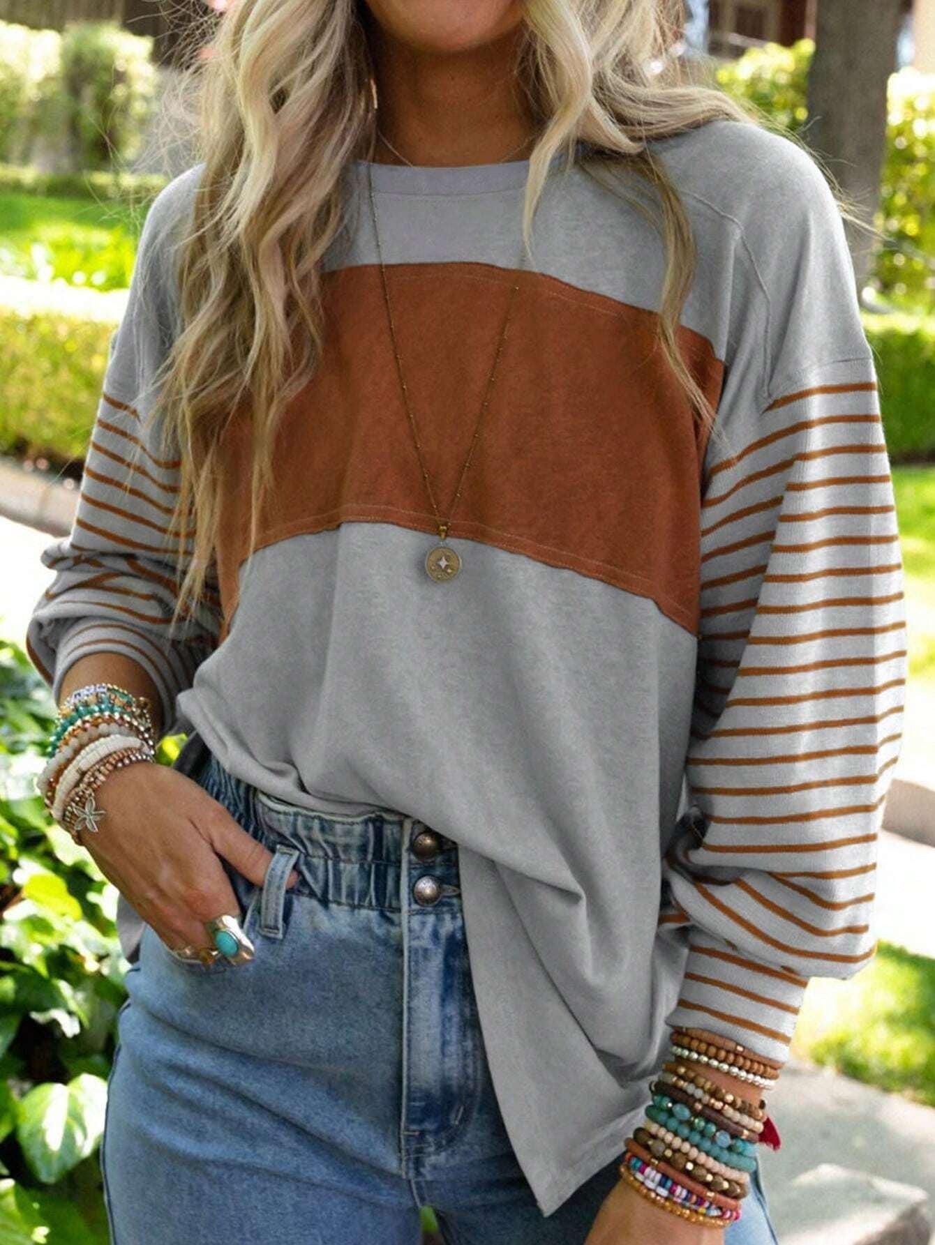 Women's casual color-blocked striped long sleeve round neck pullover t-shirt 