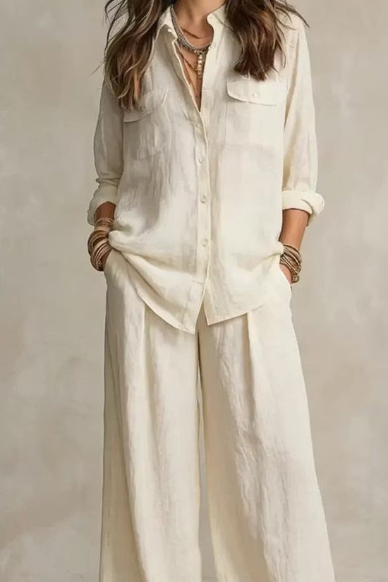 Chic Linen Set for Women, Breathable Lightweight Long Sleeve Shirt with Drapey Wide-Leg Pants, Vacation Style Casual Outfit 