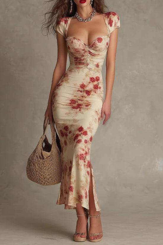Vintage Printed Fitted Dress Elegant Slim Fit Bodycon Long Dress Evening Gown 