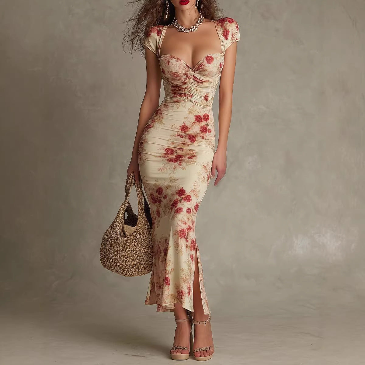 Vintage Printed Fitted Dress Elegant Slim Fit Bodycon Long Dress Evening Gown 