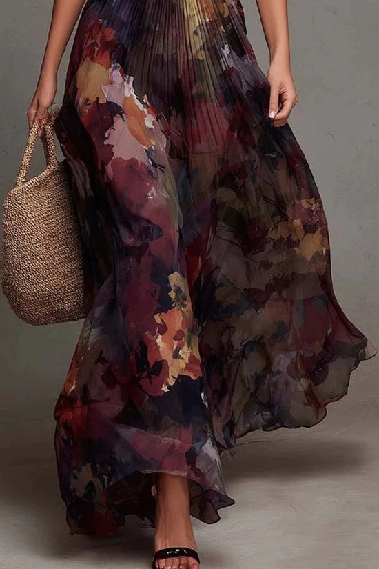 Elegant Deep V-Neck Painted Print Fitted Waist Flowy Chiffon Maxi Dress 