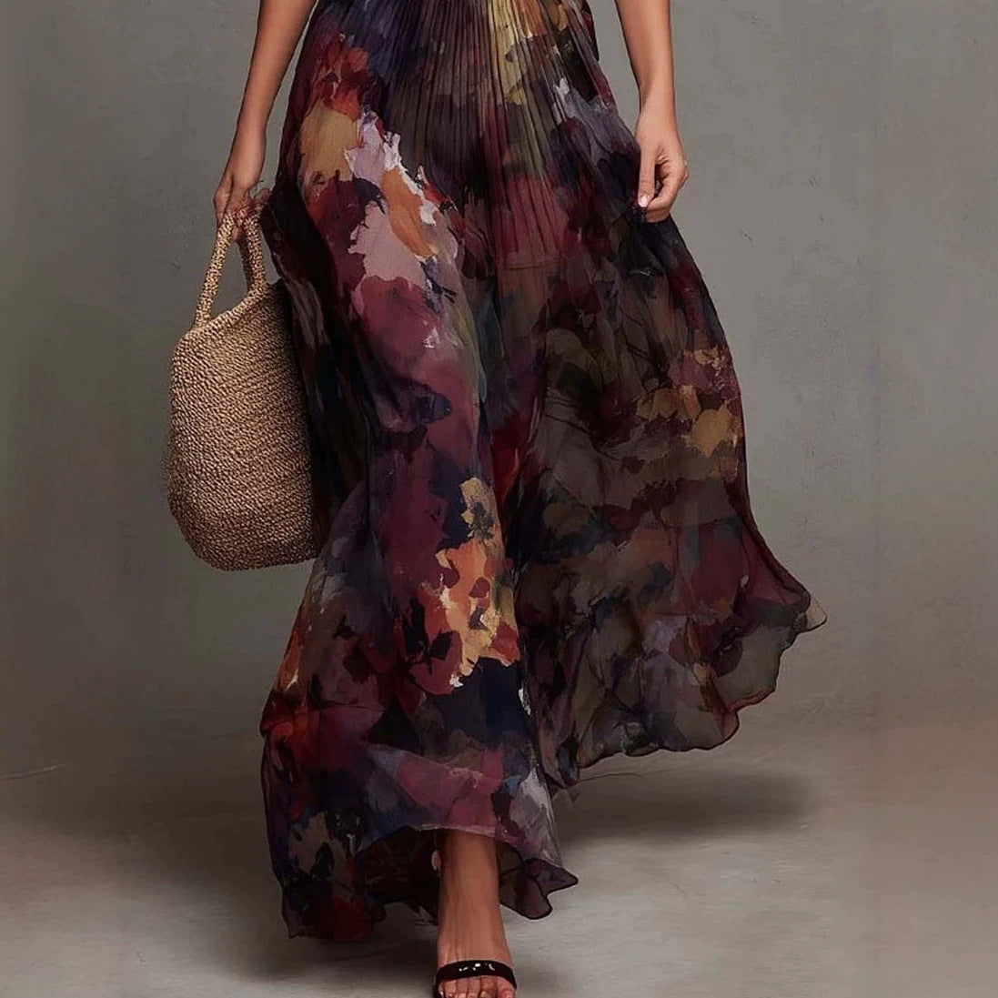 Elegant Deep V-Neck Painted Print Fitted Waist Flowy Chiffon Maxi Dress 