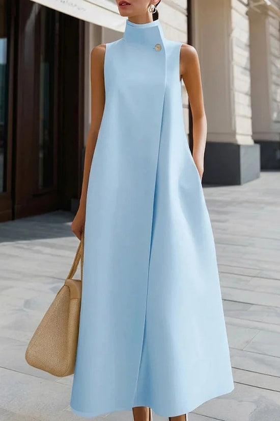 Elegant Sleeveless Long Dress with Stand Collar and Single Button Office Wear, Casual Fashion 