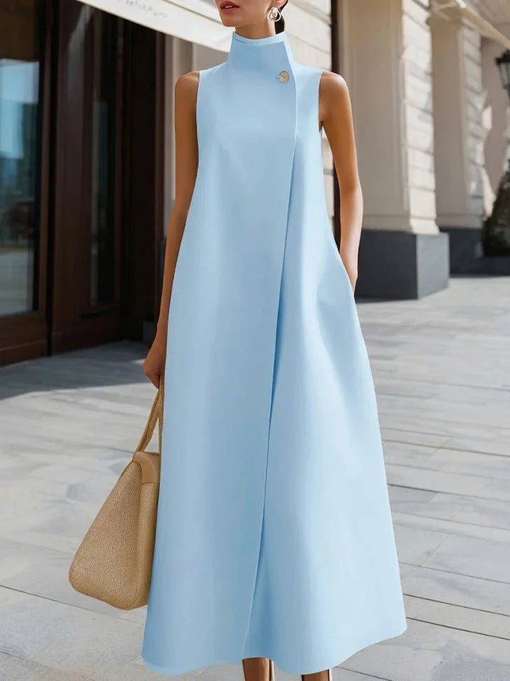 Elegant Sleeveless Long Dress with Stand Collar and Single Button Office Wear, Casual Fashion 