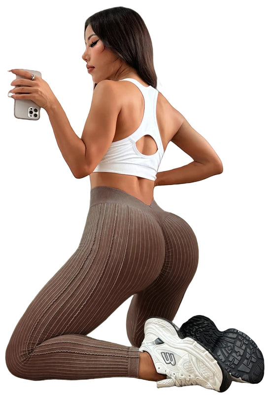 Back V Waist Peach Butt Sand Wash Yoga Pants for Women, Ribbed High Waist Lift-Up Fitness Tights
