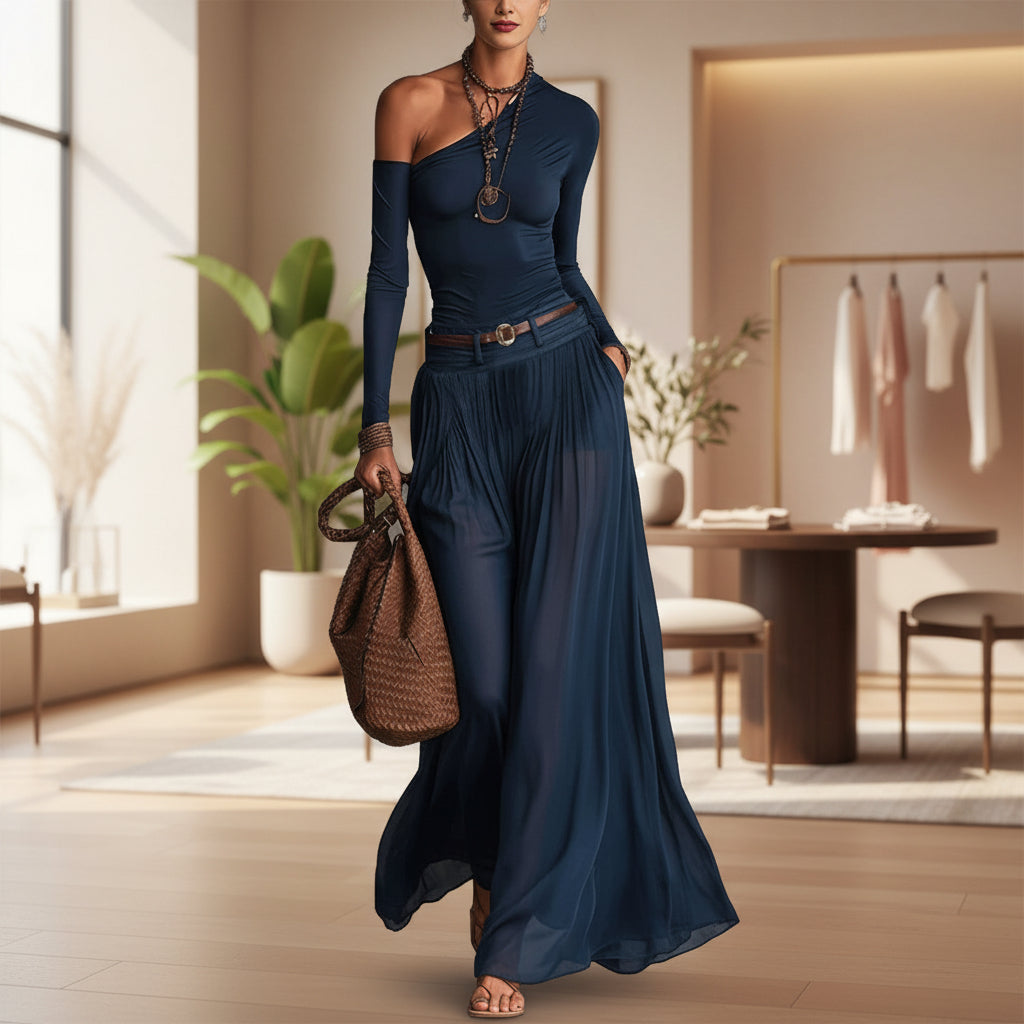 Fashionable Simple Solid Color Asymmetrical Shoulder Long Sleeve Casual Set with Belted Long Dress 