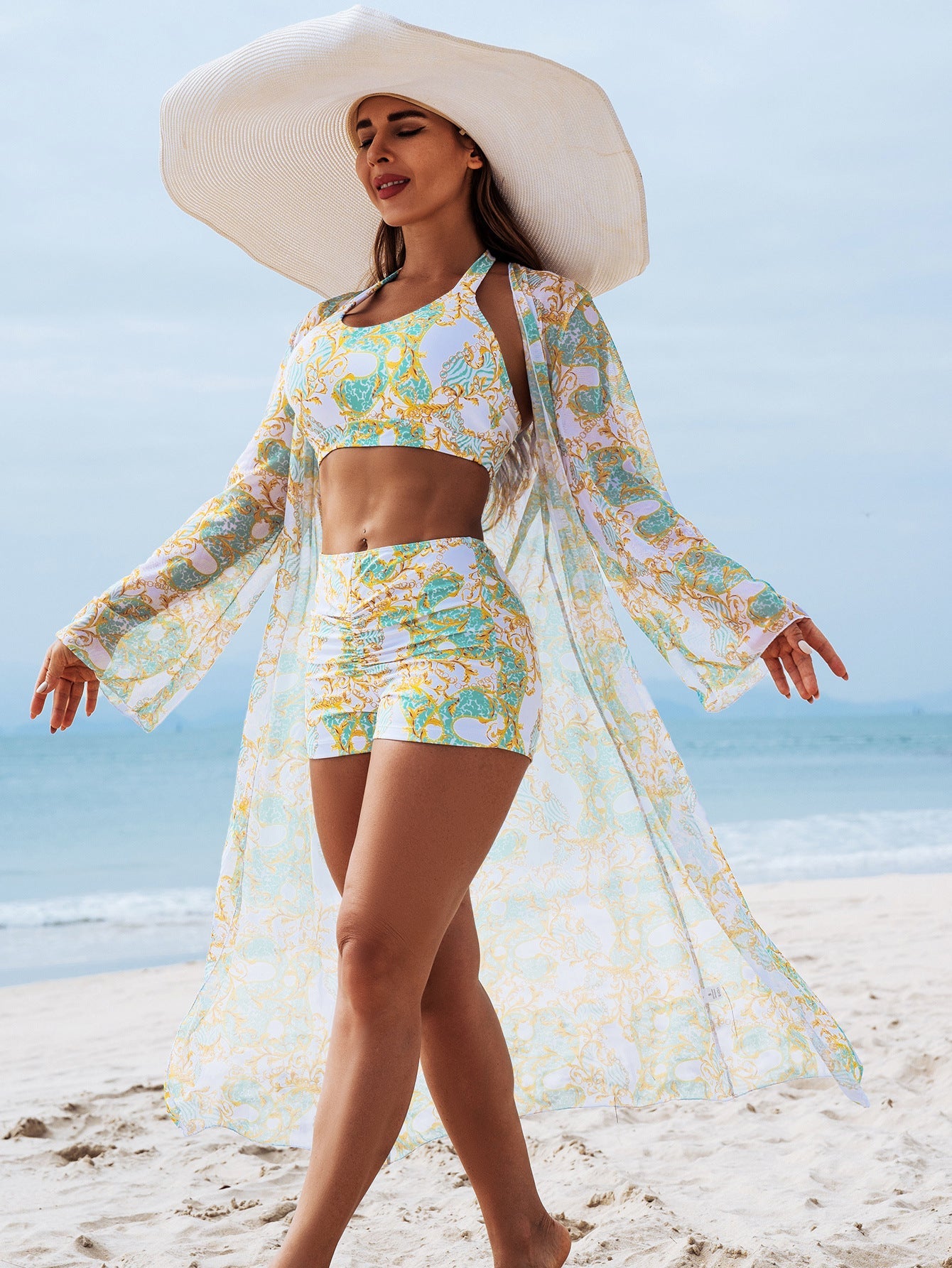 FashionableStyle Sexy Women's Three-Piece Bikini Set with Multi-Color Print Swimwear 