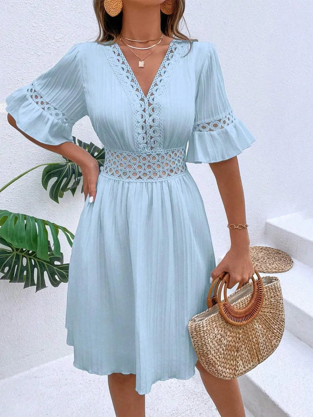 Cutout V-Neck Flounce Sleeve Mini Dress 