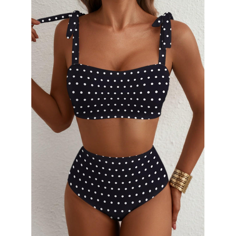 Women's Striped Bikini Set with Tie-Shoulder Design, High-Waisted Two-Piece Swimsuit 