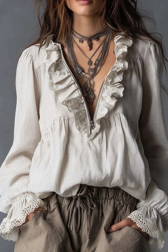 Lotus leaf edge half zipper V-neck lace flared sleeve long sleeved top 