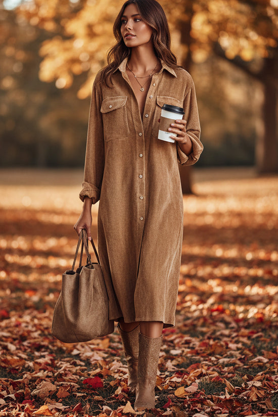 Classic Solid Color Corduroy Long Sleeve Turn-down Collar Shirt Loose Long Dress 