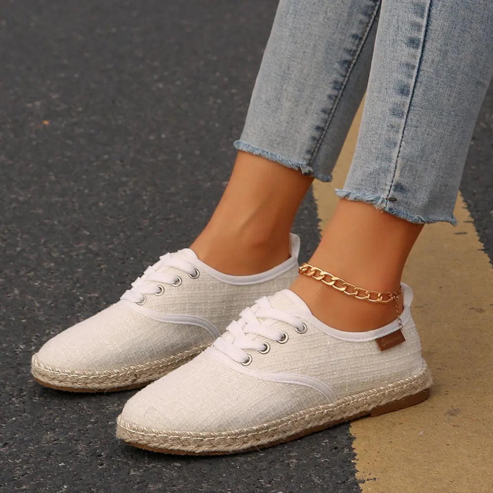 Lace Up Round Toe Flats Tweed Sneakers 