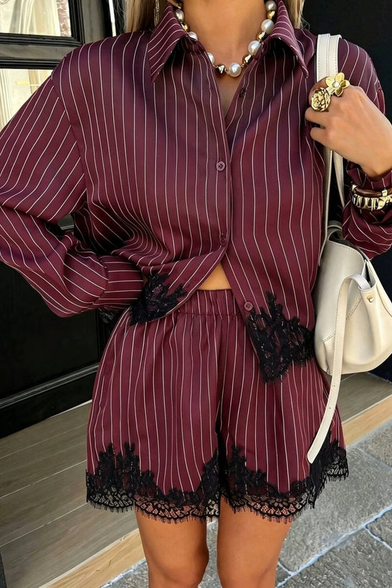 Women's striped shirt drawstring shorts set 