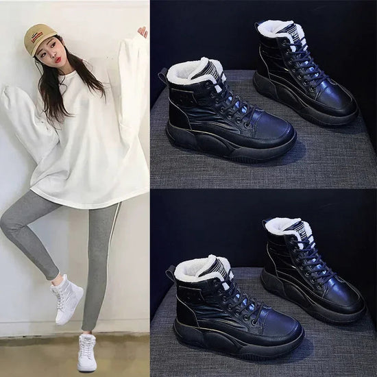 Snow Boots Women Non-slip Sneakers Winter Warm Fashion Lace Up Round Toe Thick Sole Plush Sport Cotton Shoes Short Boots 