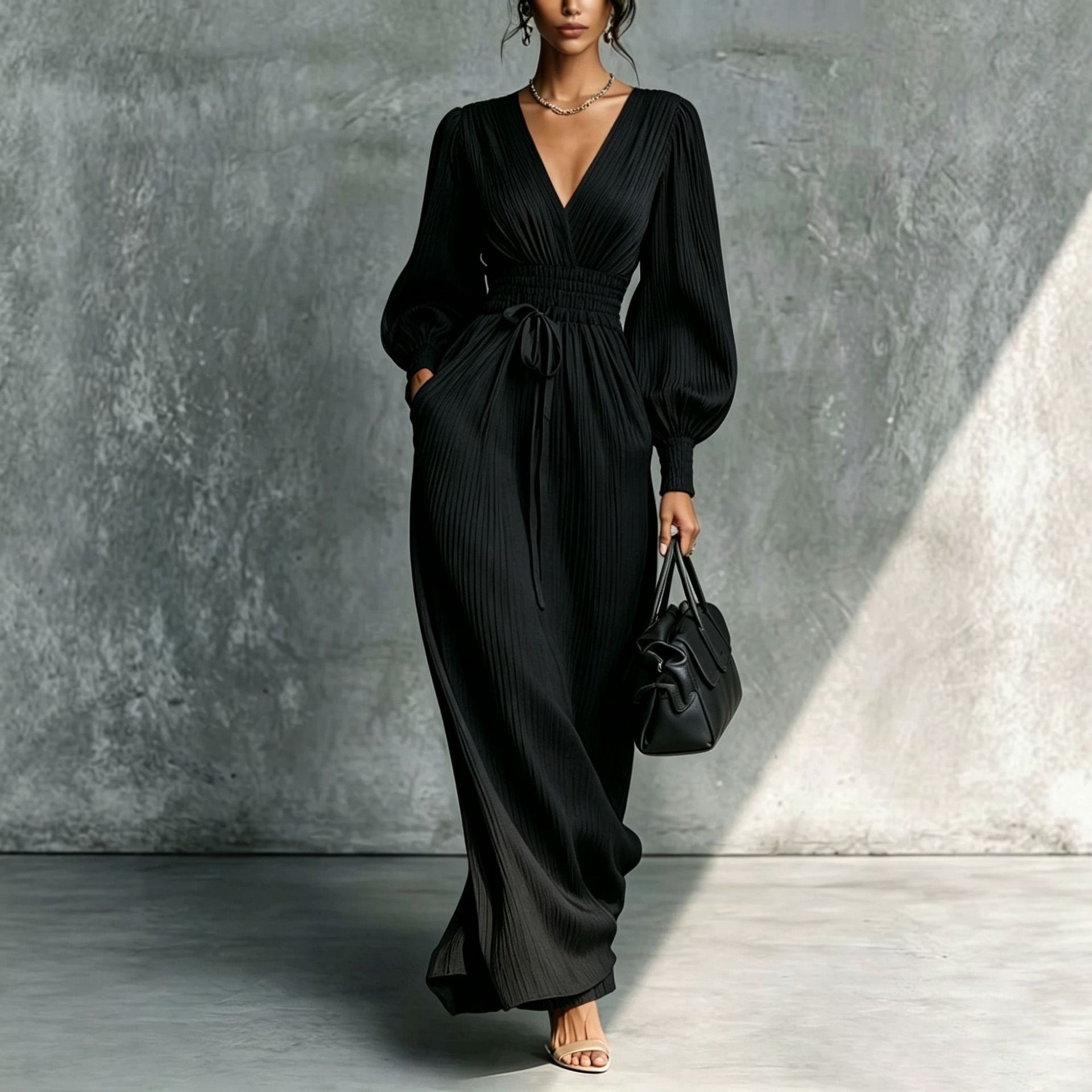 Solid color casual waist cinched long sleeved dress 