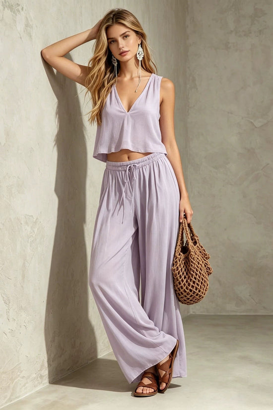 V-neck solid color sleeveless camisole top wide leg pants set