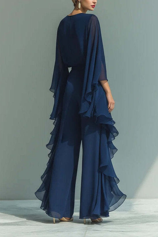 Deep Blue Ruffle Wide-Leg Pants Set for Women, Fashion Elegant Two-Piece Long Sleeve Casual Pants 
