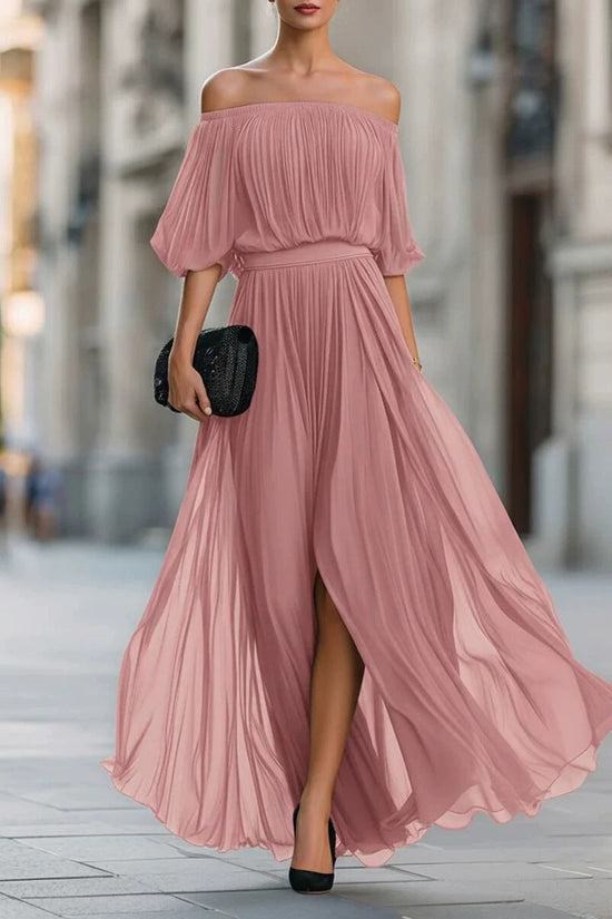 New Black Chiffon Maxi Dress with Split, One-Shoulder Design, Flowing and Draping Skirt 