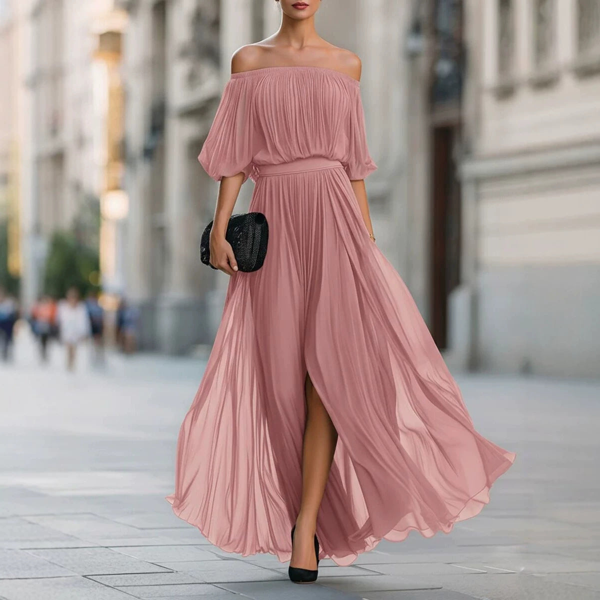 New Black Chiffon Maxi Dress with Split, One-Shoulder Design, Flowing and Draping Skirt 