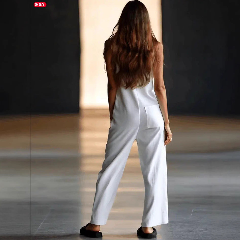 Casual Loose Sleeveless Single-Button Wide-Leg Pants Fashion Cargo Jumpsuit for Women 