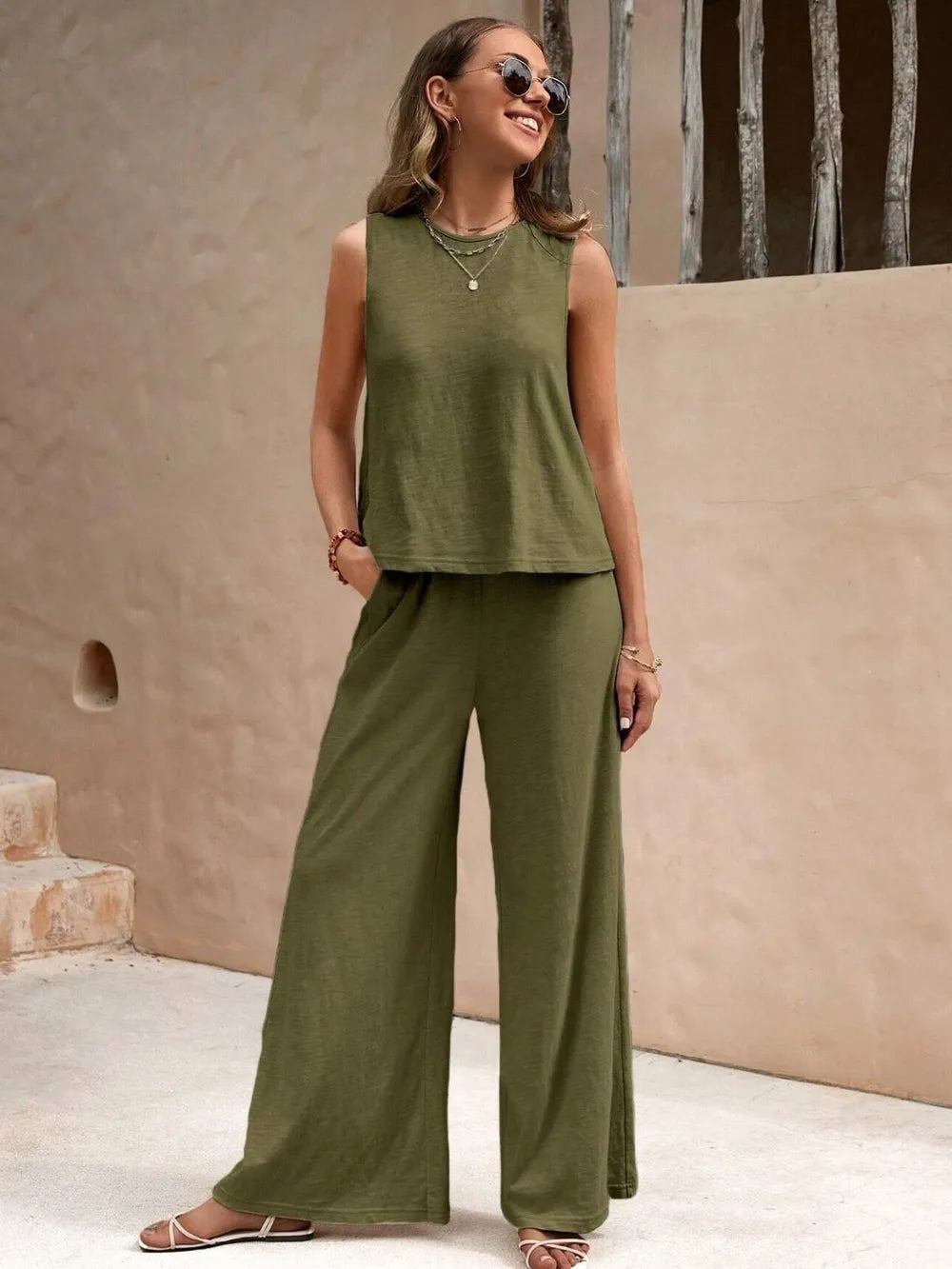 Round Neck Sleeveless Top and Wide Leg Pants Set 
