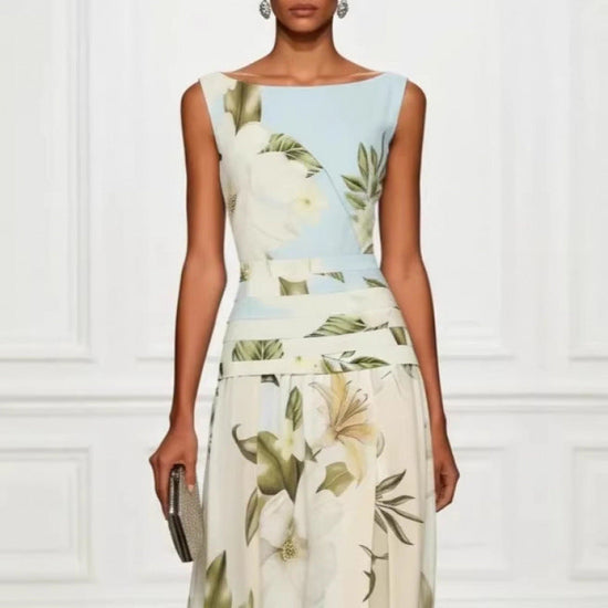V-neck floral print women's dress sleeveless backless waist cinching long skirt 